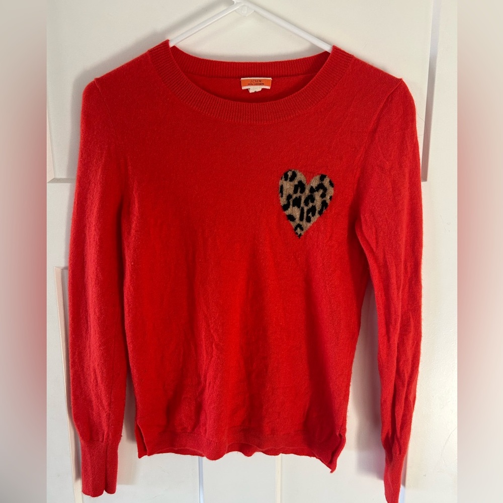 J. Crew 100% Cashmere Orange Sweater with Leopard Heart Patch